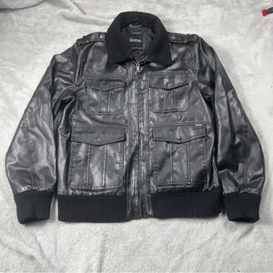 Y2K Guess Faux Leather Bomber Jacket Mens XL Black Faux Fur Collar A-2 Full Zip